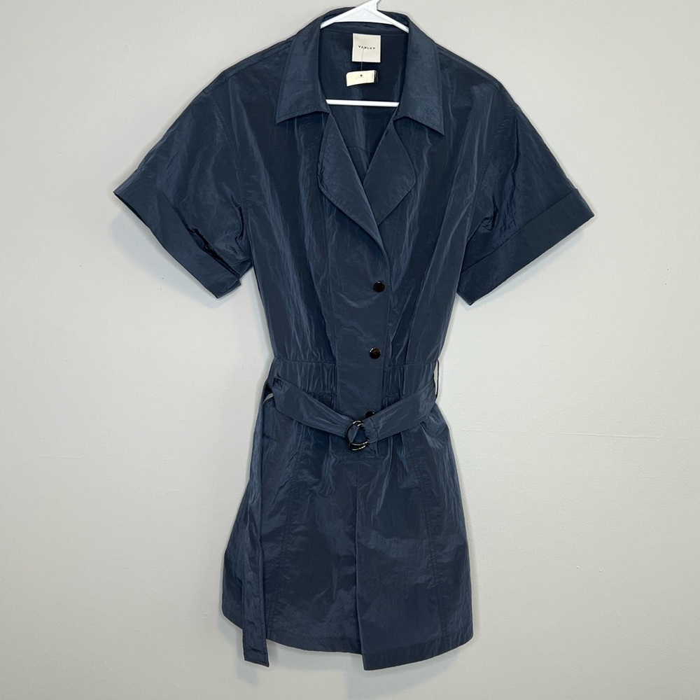 Varley Slate Blue Nylon Belle Boxy Playsuit Romper Medium NEW Evereve Shimmery